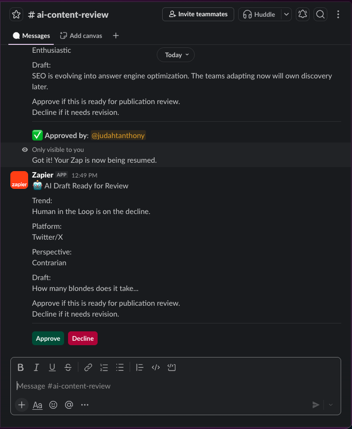 Screenshot of Slack approval request showing generated AI content draft with Approve and Decline buttons