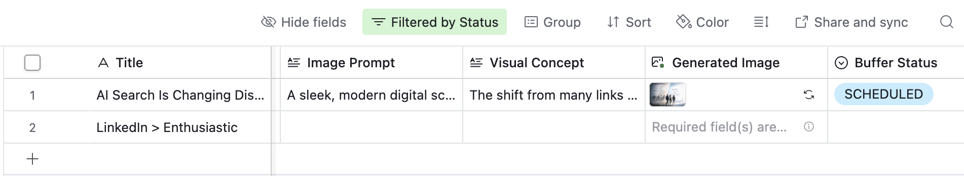 Screenshot of Airtable Content Queue with new fields for Image Prompt, Visual Concept, Generated Image, and Buffer Status