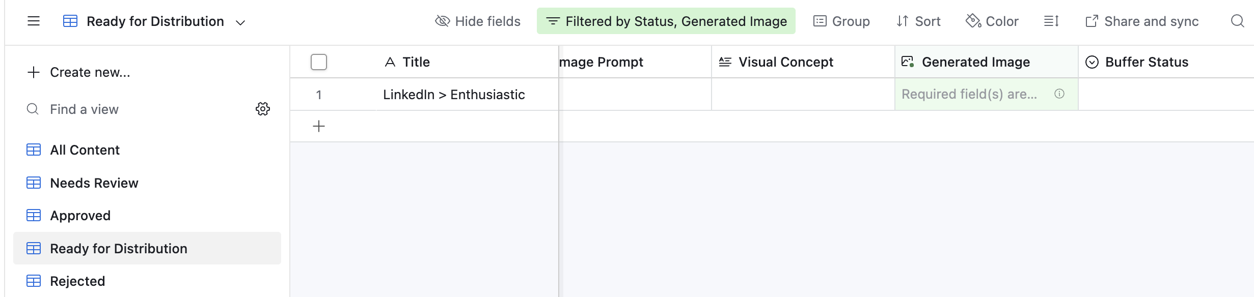 Screenshot of Airtable filtered view named Ready for Distribution showing approved records that do not yet have generated images