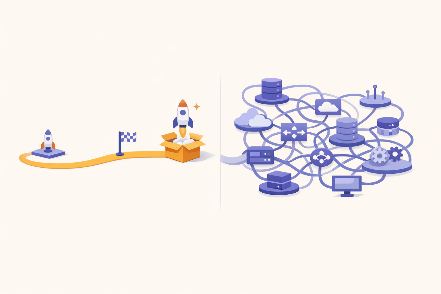Minimalist decision diagram contrasting a lean micro-SaaS launch path with an overbuilt architecture path full of unnecessary infrastructure boxes.