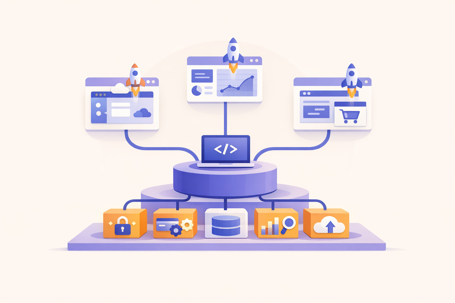 Illustration of one reusable starter repo branching into three small micro-SaaS products, with shared foundation blocks for auth, billing, database, analytics, and deployment.